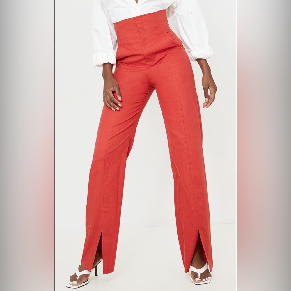 🌻SOLD🌻Pretty Little Thing Tall Rust High Waisted Seam Detail Pants - Picture 4 of 13